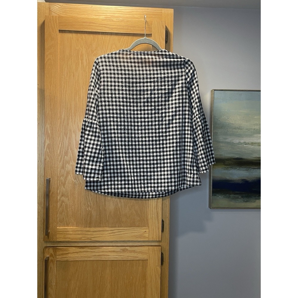 Madewell Gingham Check Tie Sleeve Blouse Black White 3/4 Bell Sleeve Top Small - Picture 6 of 6